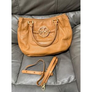 Tory Burch Leather Satchel Shoulder Bag Brown Logo Convertible Strap